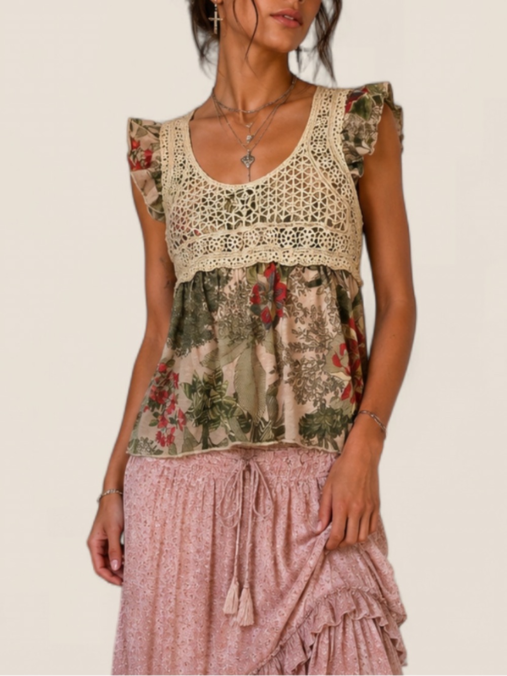 Chaser Boho Crochet layered Tropical Tee | Festival Hippie Mixed Media Top small